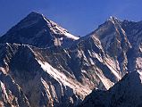 
Here is a close up of the summit of Mount Everest (8850m) and Lhotse from the Kathmandu mountain flight. From the Everest summit, the southeast ridge descends to the South Col and then rises again to the summit of Lhotse (8516m), the fourth highest mountain in the world. On the right are Lhotse Middle (8414m) and Lhotse Shar (8383m).

